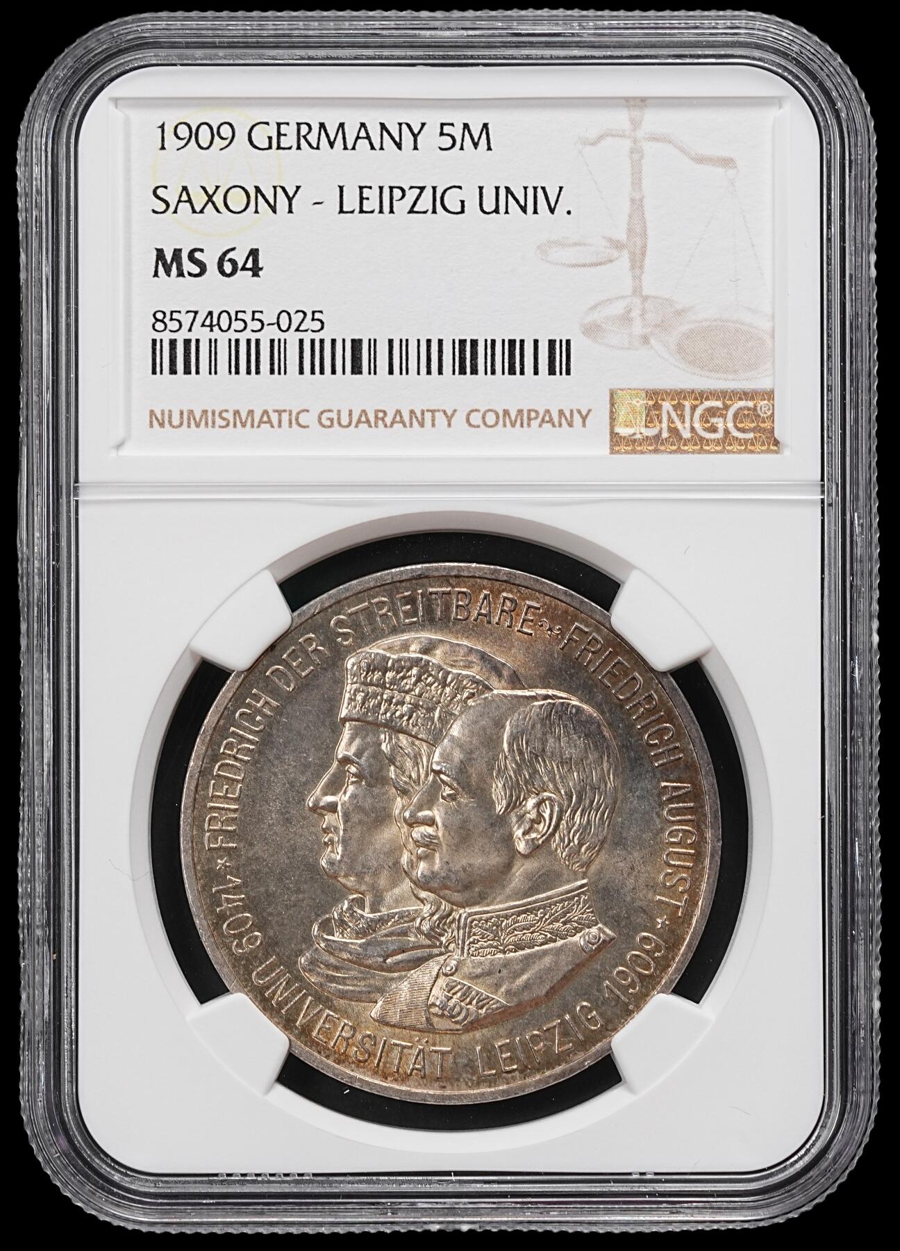 修遠堂世界钱币第101期 NGC MS64 1909年萨克森王国 “莱比锡大学 500 周年纪念” 5马克大银币 五彩