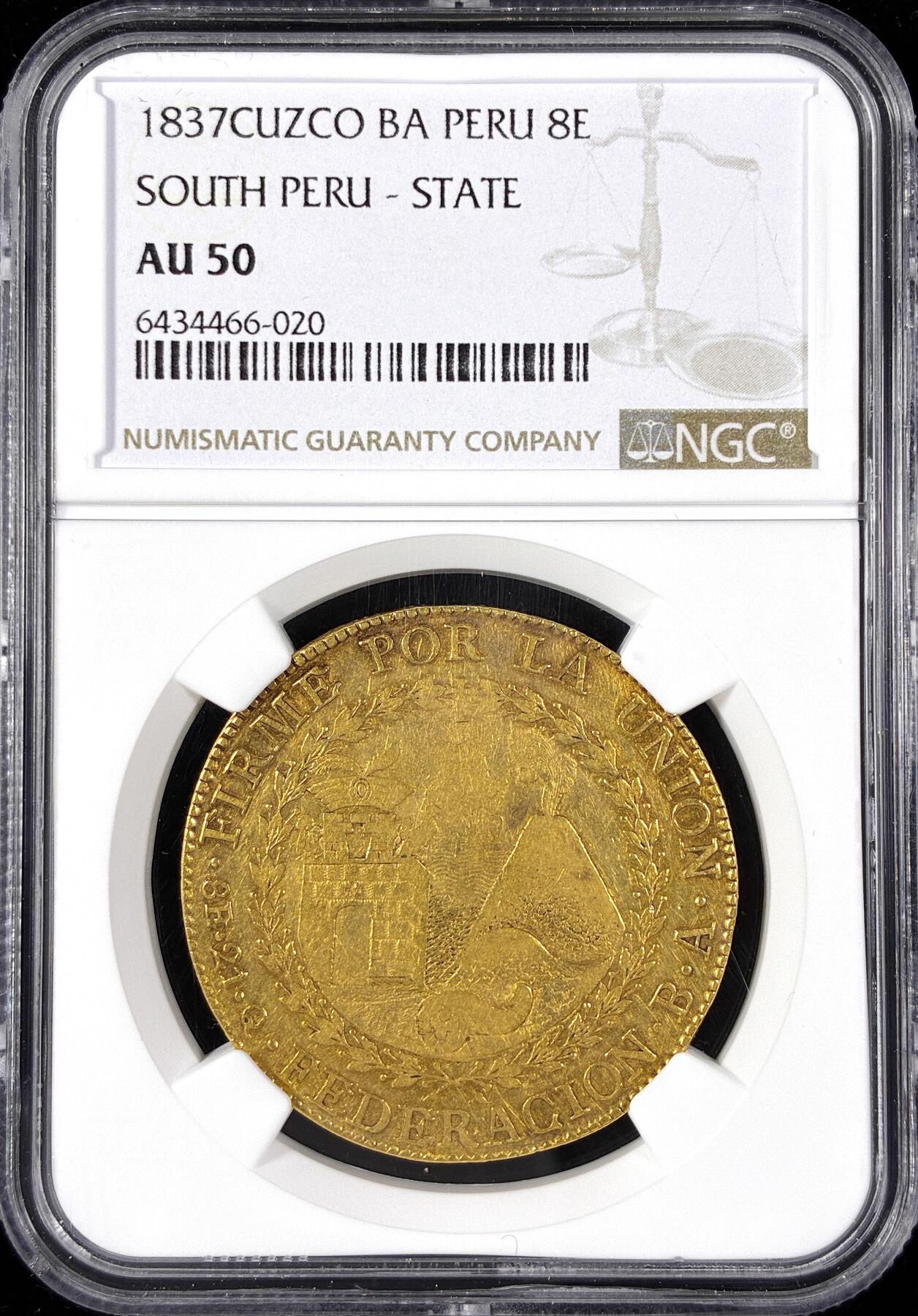 【雨安】【直播拍卖】【第0124期-评级币章】2026-01-17 周六 19:30 [评级金铂] Peru [金币] 秘鲁 南秘鲁 8埃斯库多 1837年  NGC-AU50