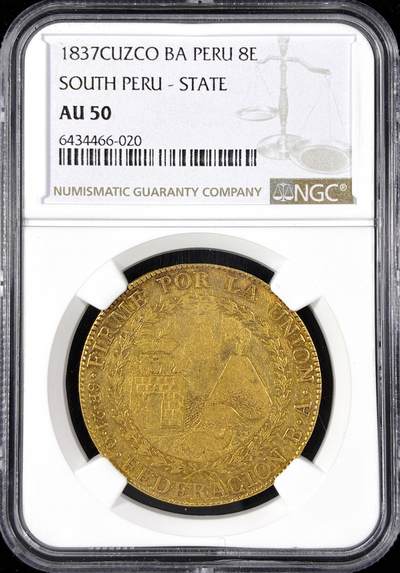 【雨安】【直播拍卖】【第0124期-评级币章】2026-01-17 周六 19:30 - [评级金铂] Peru [金币] 秘鲁 南秘鲁 8埃斯库多 1837年  NGC-AU50