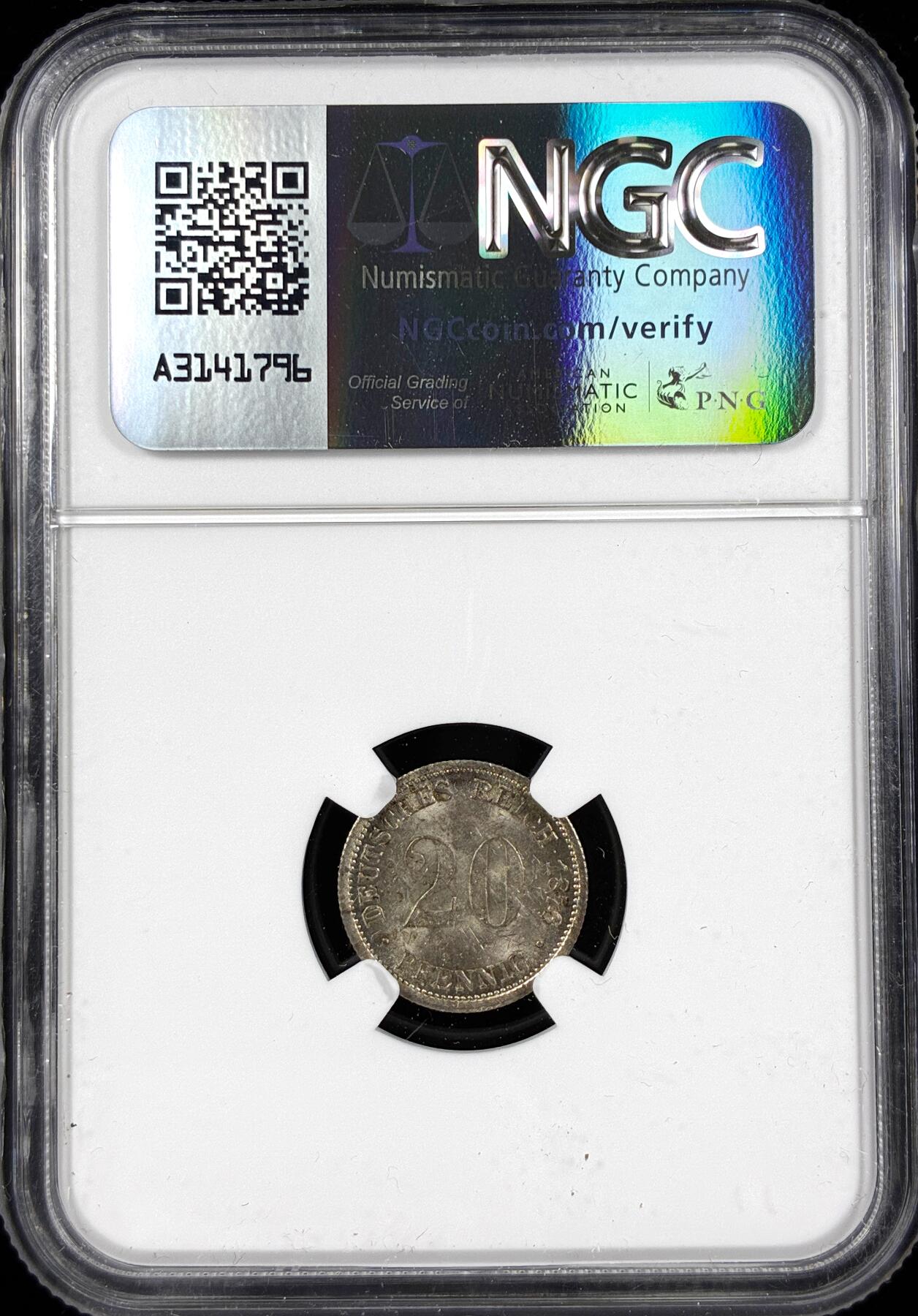 【雨安】【直播拍卖】【第0124期-评级币章】2026-01-17 周六 19:30 [评级德国] Germany 德国 帝国 20芬尼 1876年D  NGC-MS63