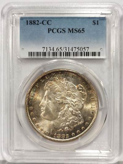博洋堂世界钱币拍卖第157期（全场包邮） - PCGS MS65 美国1882年CC版摩根银币，稀少卡森厂，双面带彩包浆，分数一步到位