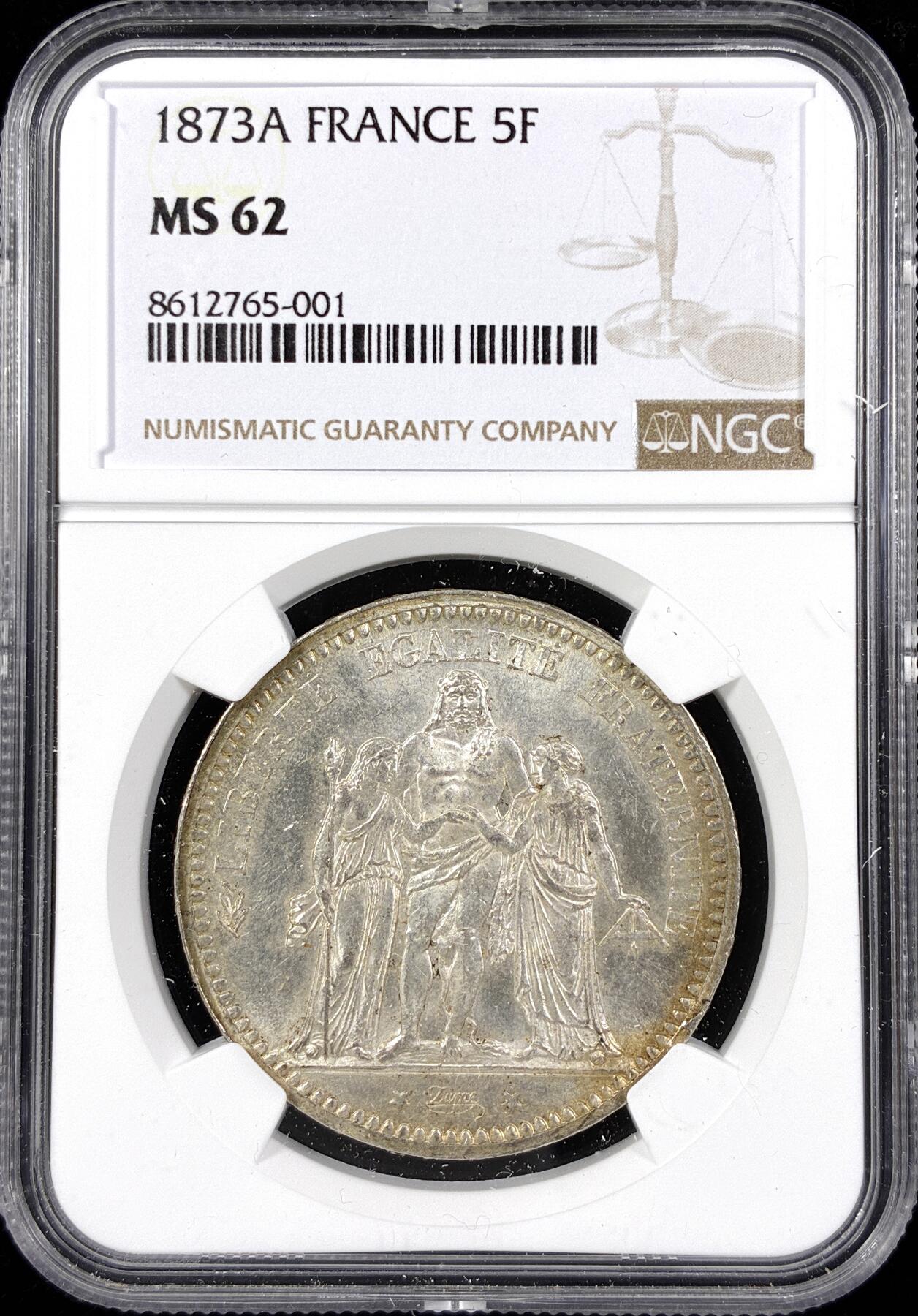 【雨安】【直播拍卖】【第0124期-评级币章】2026-01-17 周六 19:30 [评级法国] France 法国 5法郎 KM#0820 (1870-1889) 大力神 1873年  NGC-MS62