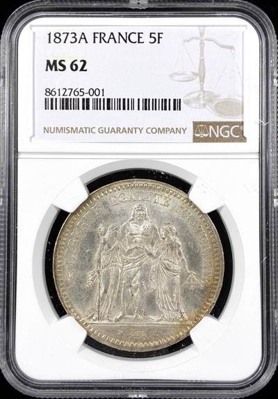 【雨安】【直播拍卖】【第0124期-评级币章】2026-01-17 周六 19:30 - [评级法国] France 法国 5法郎 KM#0820 (1870-1889) 大力神 1873年  NGC-MS62