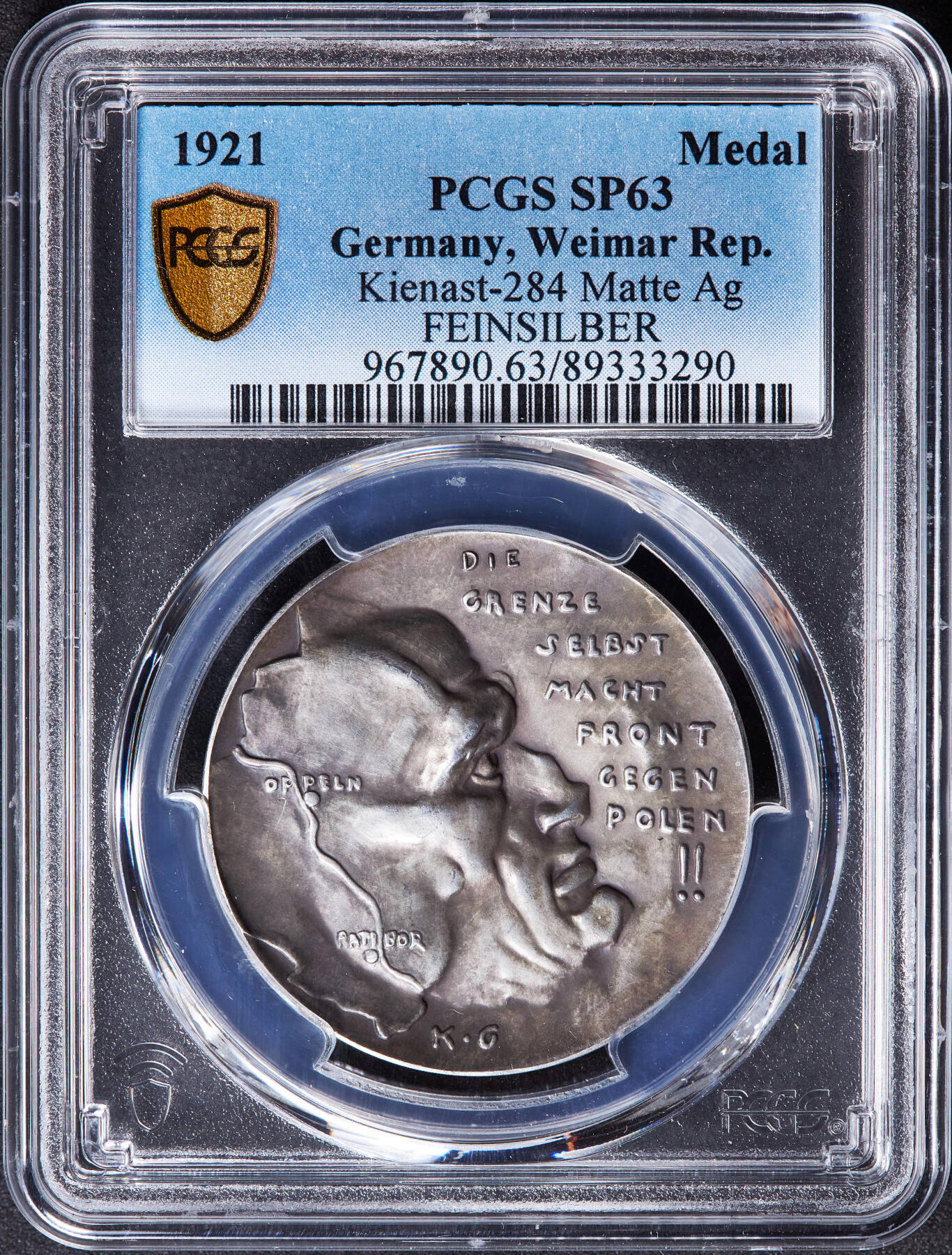 【俄甄集藏】“万象更新、马呈祥瑞”迎新春俄甄精品场-2026年(047)01-21 星期三 晚 19:30 全场包邮 德国魏玛1921年纪念上西里西亚公投却割让波兰银章，PCGS SP63，卡尔·哥茨作品，银章极其稀少，黄油酱彩老包浆，亚军