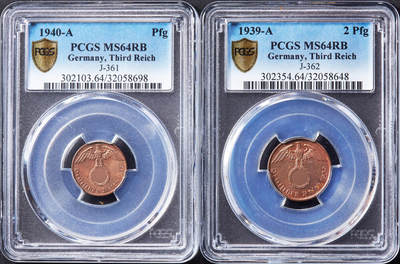 【俄甄集藏】“万象更新、马呈祥瑞”迎新春俄甄精品场-2026年(047)01-21 星期三 晚 19:30 全场包邮 - 德国第三帝国1940/1939年A版1、2芬尼铜币一对，PCGS MS64RB，转光品相，原图联系客服或者查询相关官网查看