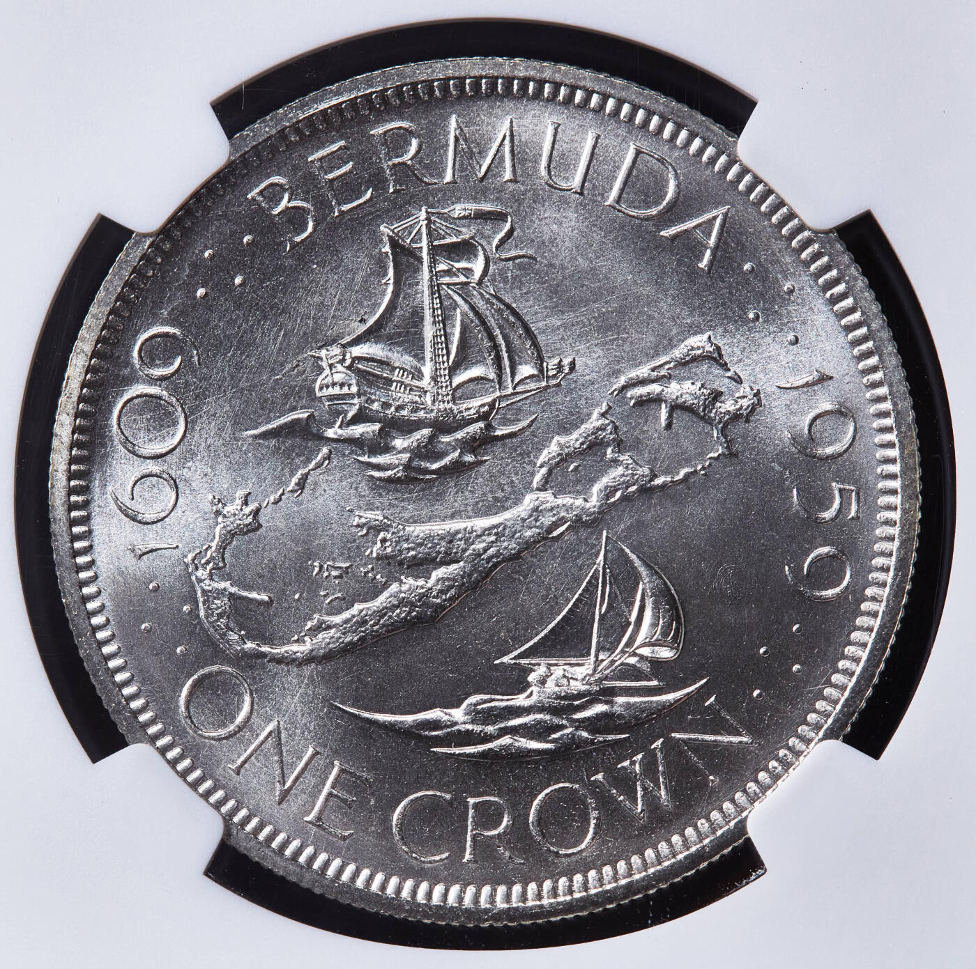 【俄甄集藏】“万象更新、马呈祥瑞”迎新春俄甄精品场-2026年(047)01-21 星期三 晚 19:30 全场包邮 英属百慕大1959年伊丽莎白二世1克朗大银币，NGC MS67，原卷曝光顶级分数，该自治领独立发行的首枚钱币，28.28克，92.5%银，发行量10000枚