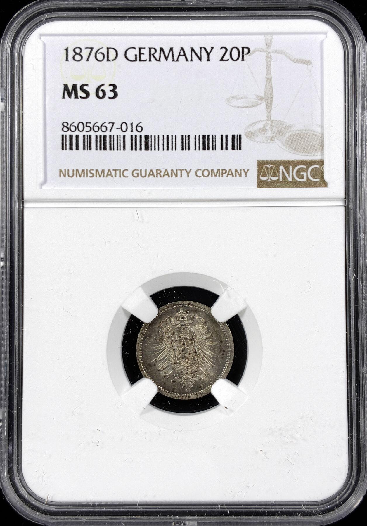 【雨安】【直播拍卖】【第0124期-评级币章】2026-01-17 周六 19:30 [评级德国] Germany 德国 帝国 20芬尼 1876年D  NGC-MS63