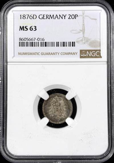 【雨安】【直播拍卖】【第0124期-评级币章】2026-01-17 周六 19:30 - [评级德国] Germany 德国 帝国 20芬尼 1876年D  NGC-MS63
