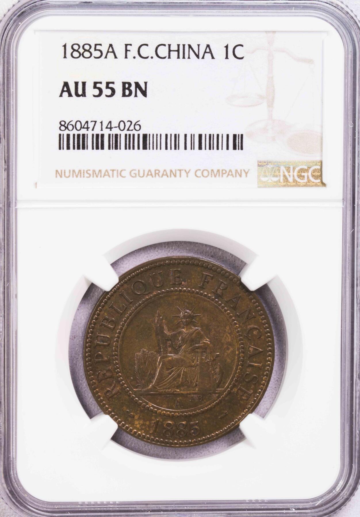 NGC-AU55BN 1885法属交趾支那百分之一铜币 特年