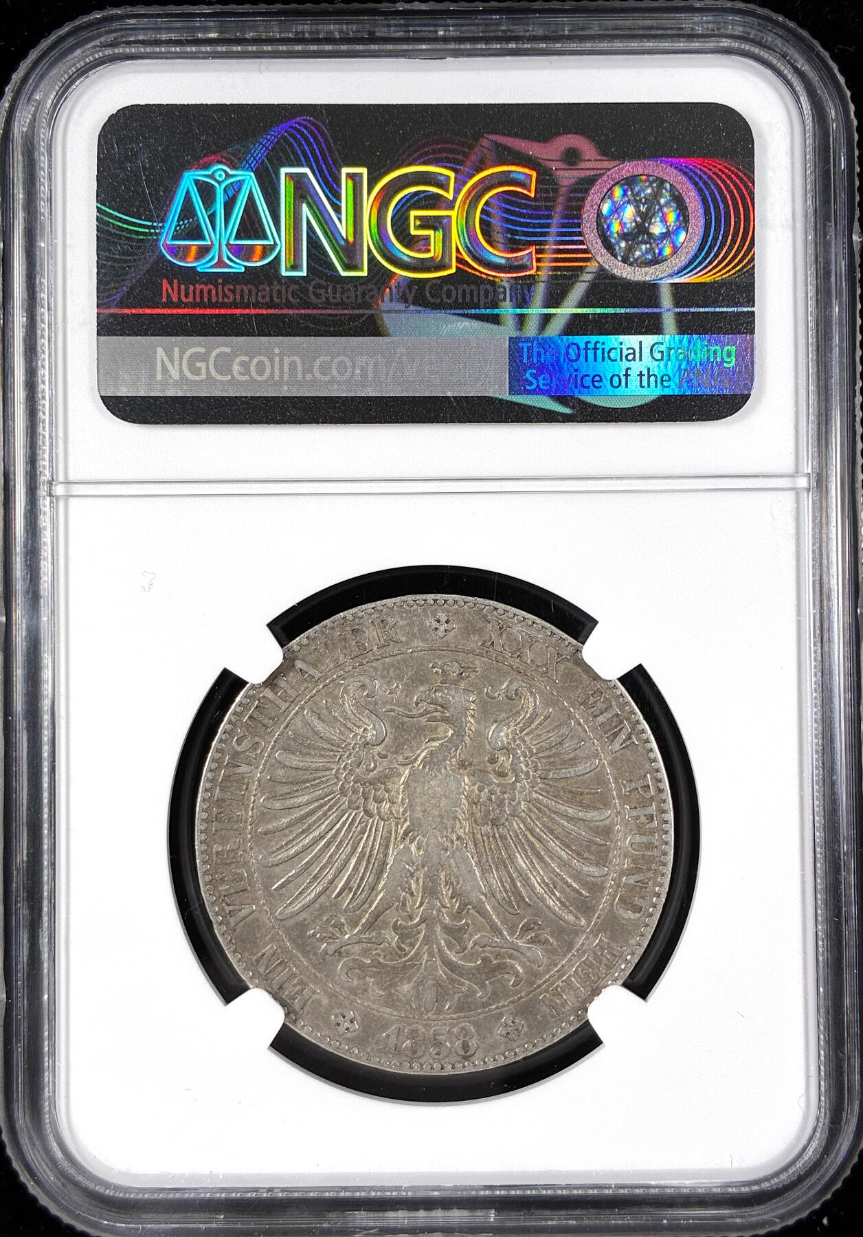 【雨安】【直播拍卖】【第0124期-评级币章】2026-01-17 周六 19:30 [评级德国] Germany 德国 德意志 1泰勒 Frankfurt法兰克福 Thun.141 KM#0354 (1857-1858) 法兰克福少女.教堂 1858年  NGC-XF40