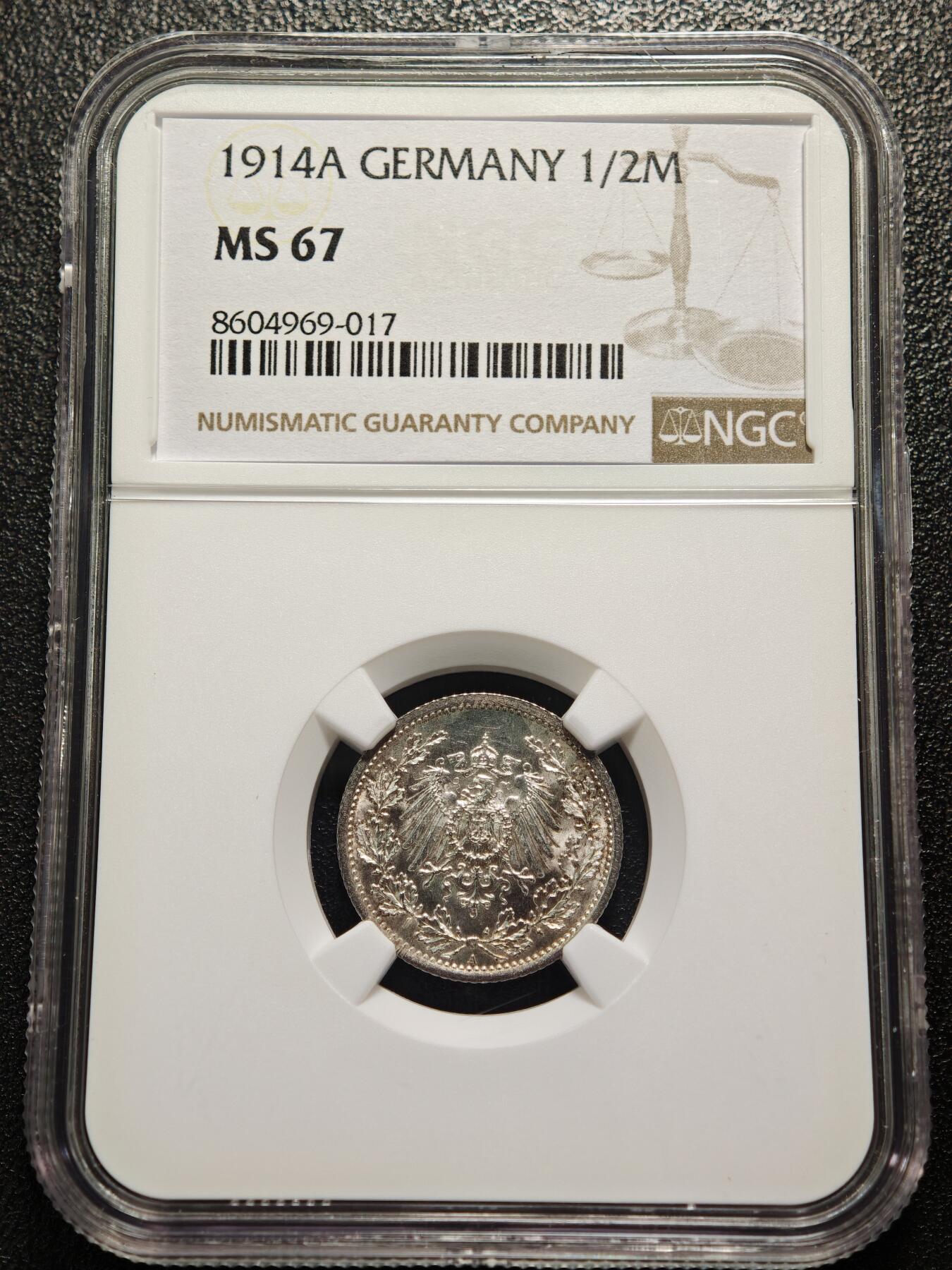 【德藏】世界币章拍卖第162期（拍品征集中~欢迎藏友联系） 1914年 德国1/2马克银币 NGC MS67 原光极强 状态极佳