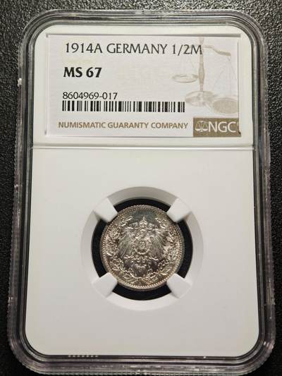 【德藏】世界币章拍卖第162期（拍品征集中~欢迎藏友联系） - 1914年 德国1/2马克银币 NGC MS67 原光极强 状态极佳