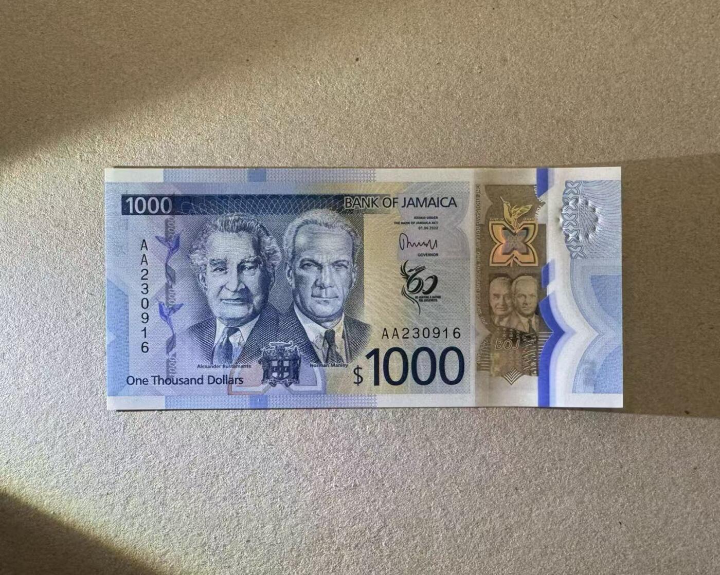 【Blue Auction】世界纸币精拍第776期——18级TOP拍卖/信誉/品质/专业/高效💫 【AA冠无47】牙买加 2022年1000元 全新UNC