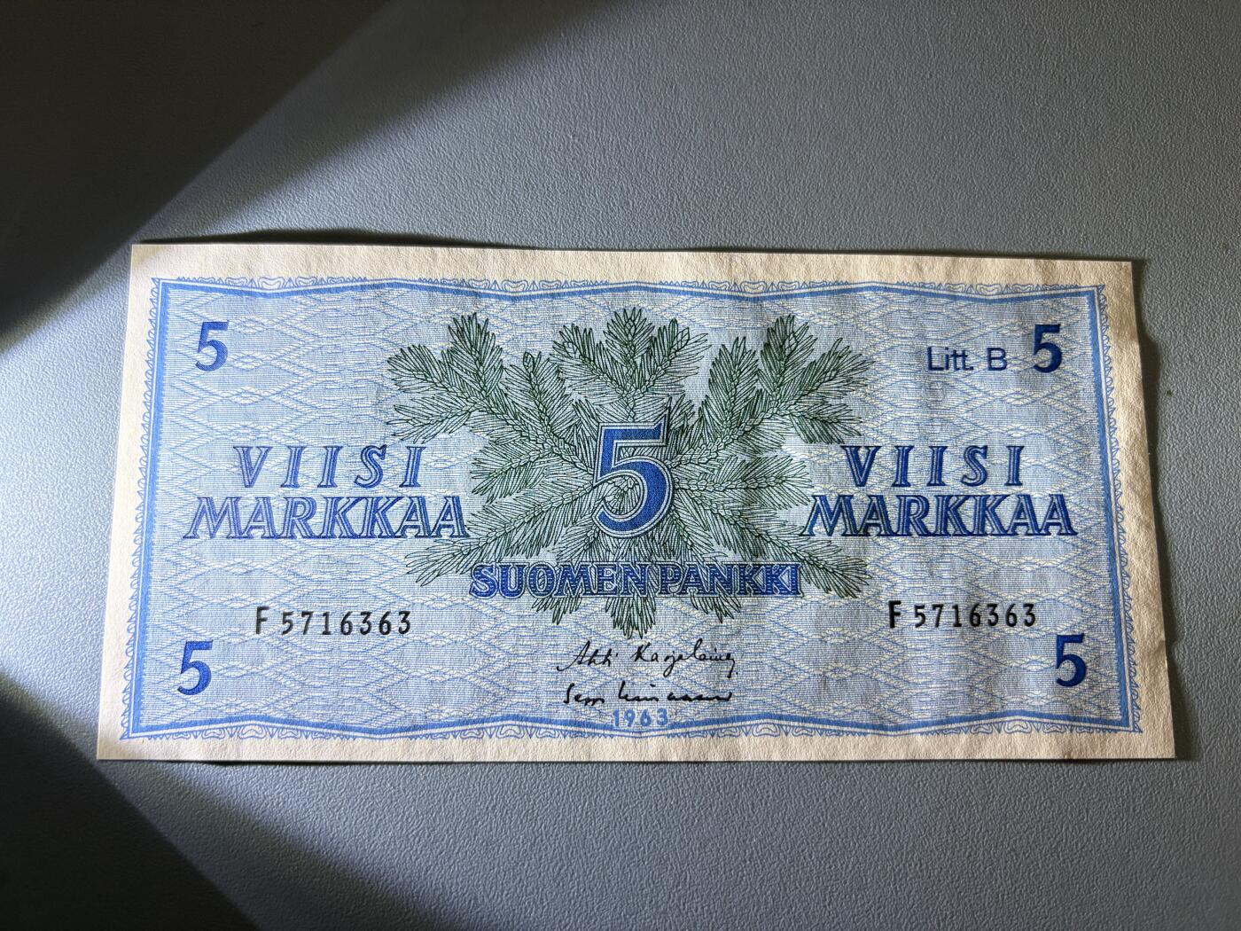 咖啡豆•收藏 2026年Jan_21th世界各国纸币拍卖 芬兰 1963年 5马克 全新UNC 外国纸币