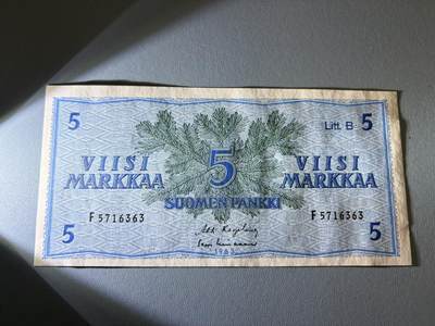 咖啡豆•收藏 2026年Jan_21th世界各国纸币拍卖 - 芬兰 1963年 5马克 全新UNC 外国纸币