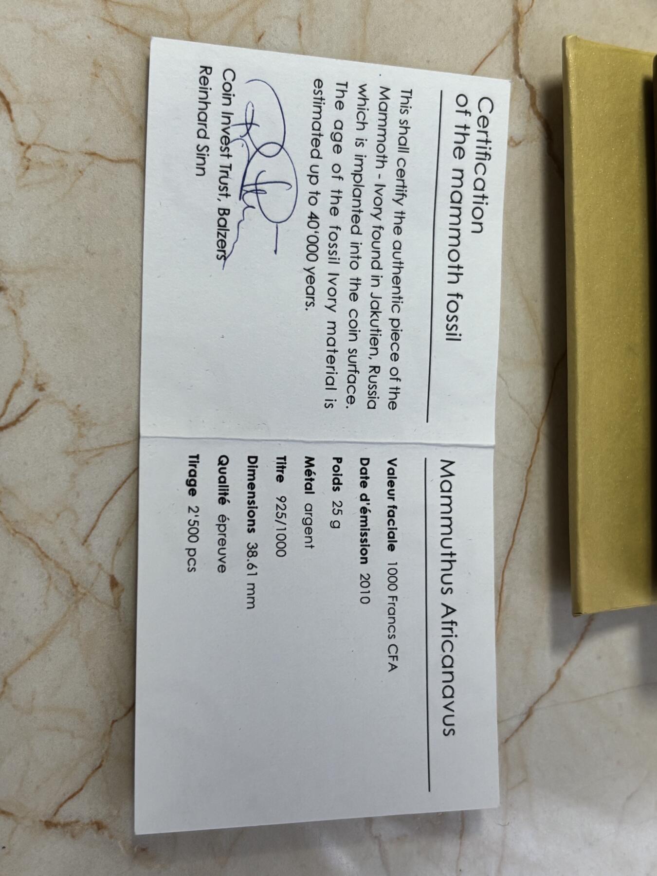 第188期拍卖 获奖币科特迪瓦2010年猛犸象镶嵌精制纪念银币，25克，925银，发行量2500枚，世界25种最美钱币之一