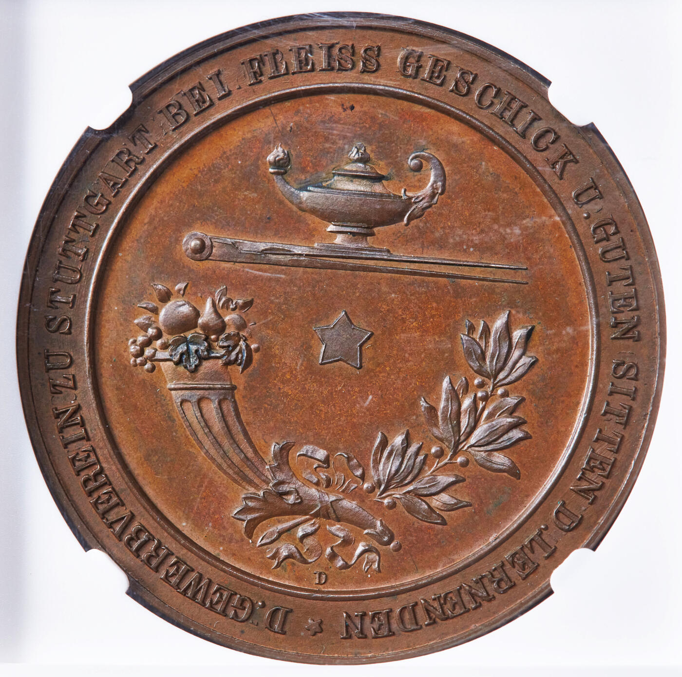 【俄甄集藏】“万象更新、马呈祥瑞”迎新春俄甄精品场-2026年(047)01-21 星期三 晚 19:30 全场包邮 德国19世纪斯图加特工商业协会颁发工业学院铜质奖章，NGC MS64，工业女神造像，巧克力包浆，高浮雕，设计精美