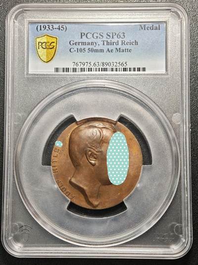 【德藏】世界币章拍卖第162期（拍品征集中~欢迎藏友联系） - 1933-45年  德国民族社会主义工人党党首头像50mm单面大铜章 PCGS SP63 稀少少见品种！（原图请查询PCGS评级官网）