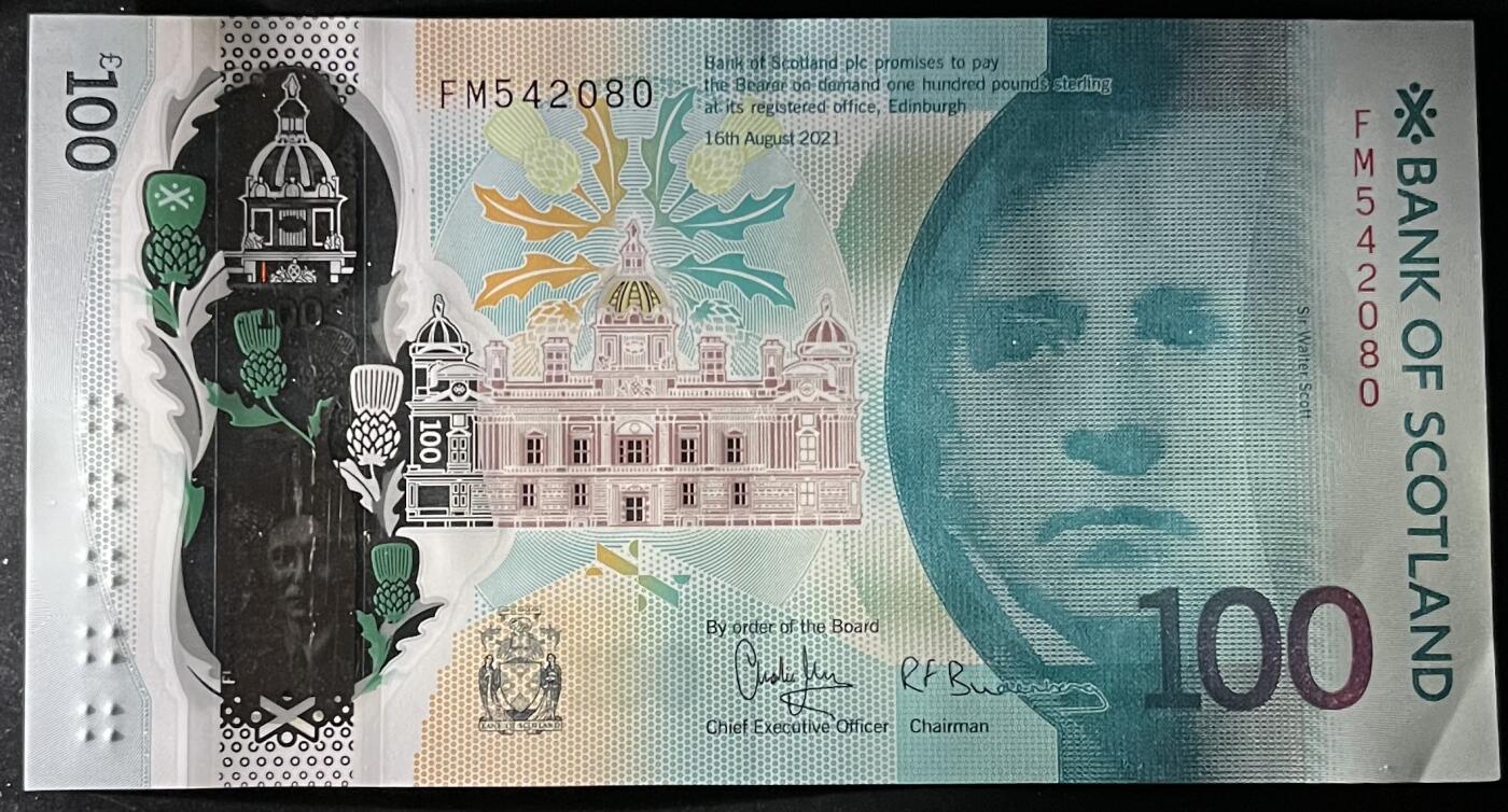 小福收藏拍卖第199期 裸钞场 本期有多张豹子号靓号 瑞士1000法郎 经典提香 毛里求斯首发年大全套 白俄罗斯5000000卢布 苏里南10000盾  爱沙尼亚  苏丹 西班牙 保加利亚 古巴等多国精美纸币 苏格兰 苏格兰银行 2021年 100镑 纪念钞 塑料钞 unc- 左下角折