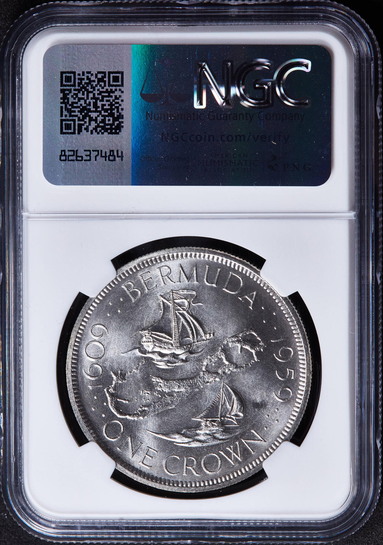 【俄甄集藏】“万象更新、马呈祥瑞”迎新春俄甄精品场-2026年(047)01-21 星期三 晚 19:30 全场包邮 英属百慕大1959年伊丽莎白二世1克朗大银币，NGC MS67，原卷曝光顶级分数，该自治领独立发行的首枚钱币，28.28克，92.5%银，发行量10000枚