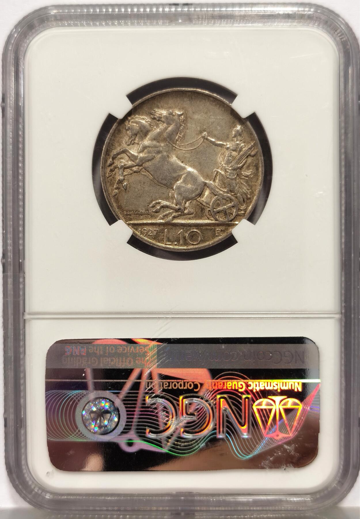 博洋堂世界钱币拍卖第157期（全场包邮） NGC AU58 意大利1927年10里拉马车银币，黄油包浆低评