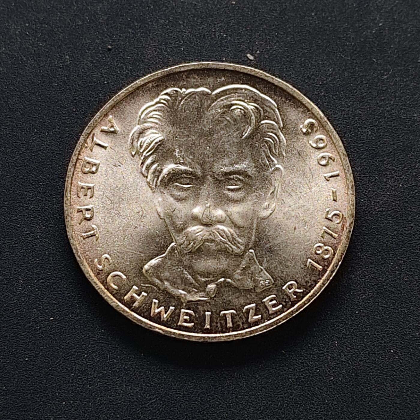 【全场包邮】纯粹捡漏拍494场 德国联邦德国1975年5马克神学家阿尔伯特·施韦策诞生百年纪念银币-带证书【29毫米11.2克，纯银价约140元（按20元银价折算）】