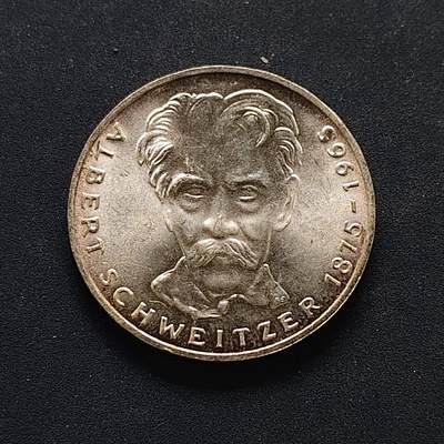 【全场包邮】纯粹捡漏拍494场 - 德国联邦德国1975年5马克神学家阿尔伯特·施韦策诞生百年纪念银币-带证书【29毫米11.2克，纯银价约140元（按20元银价折算）】