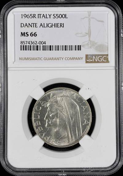 【雨安】【直播拍卖】【第0124期-评级币章】2026-01-17 周六 19:30 - [评级现代] Italy 意大利 500里拉 1965年 意大利语之父但丁·阿利吉耶里  NGC-MS66