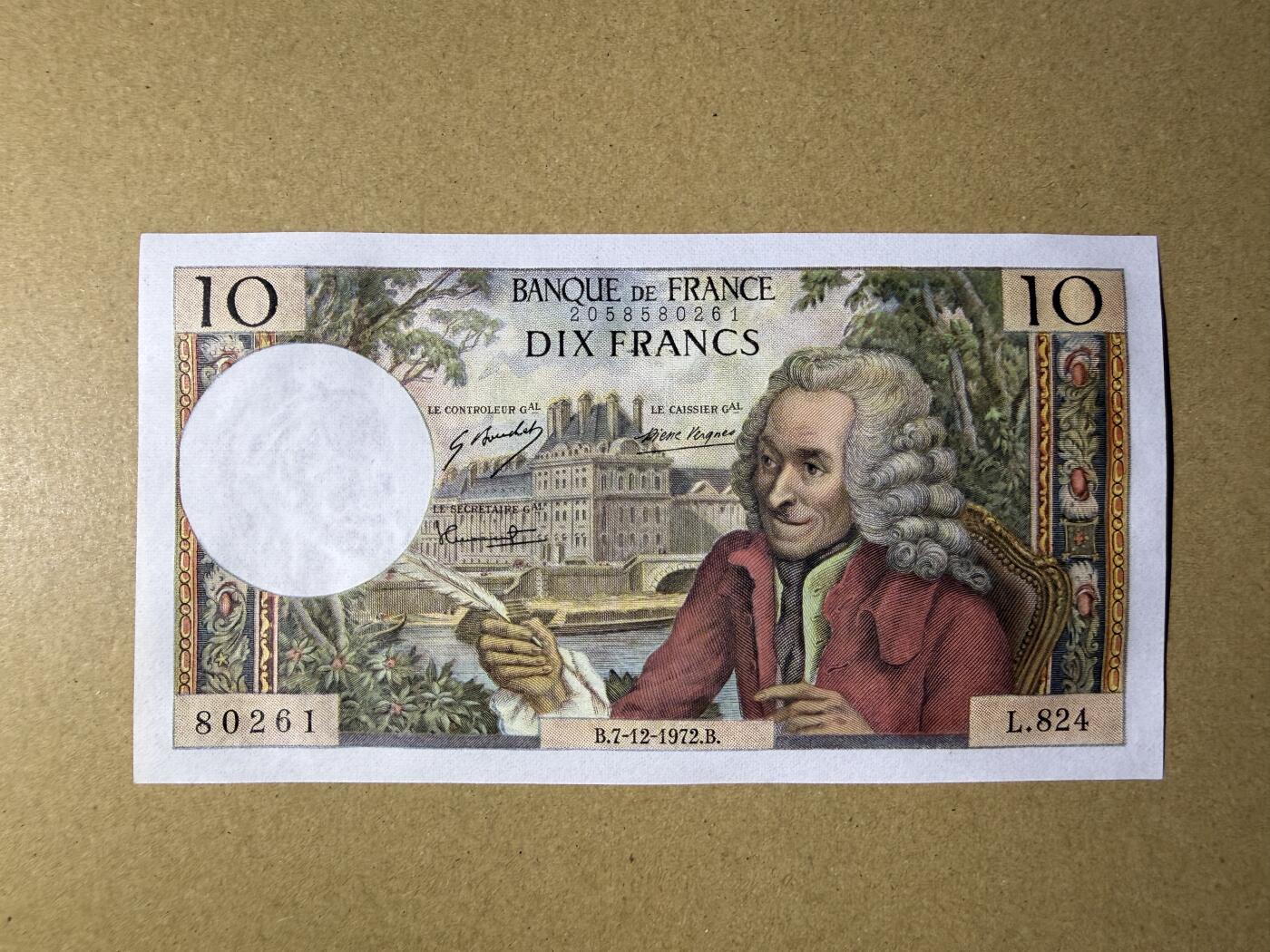 《艾美收藏》第229期-1.18周日外币荟萃 法国10法郎 UNC 1972年 法国作家伏尔泰 无47