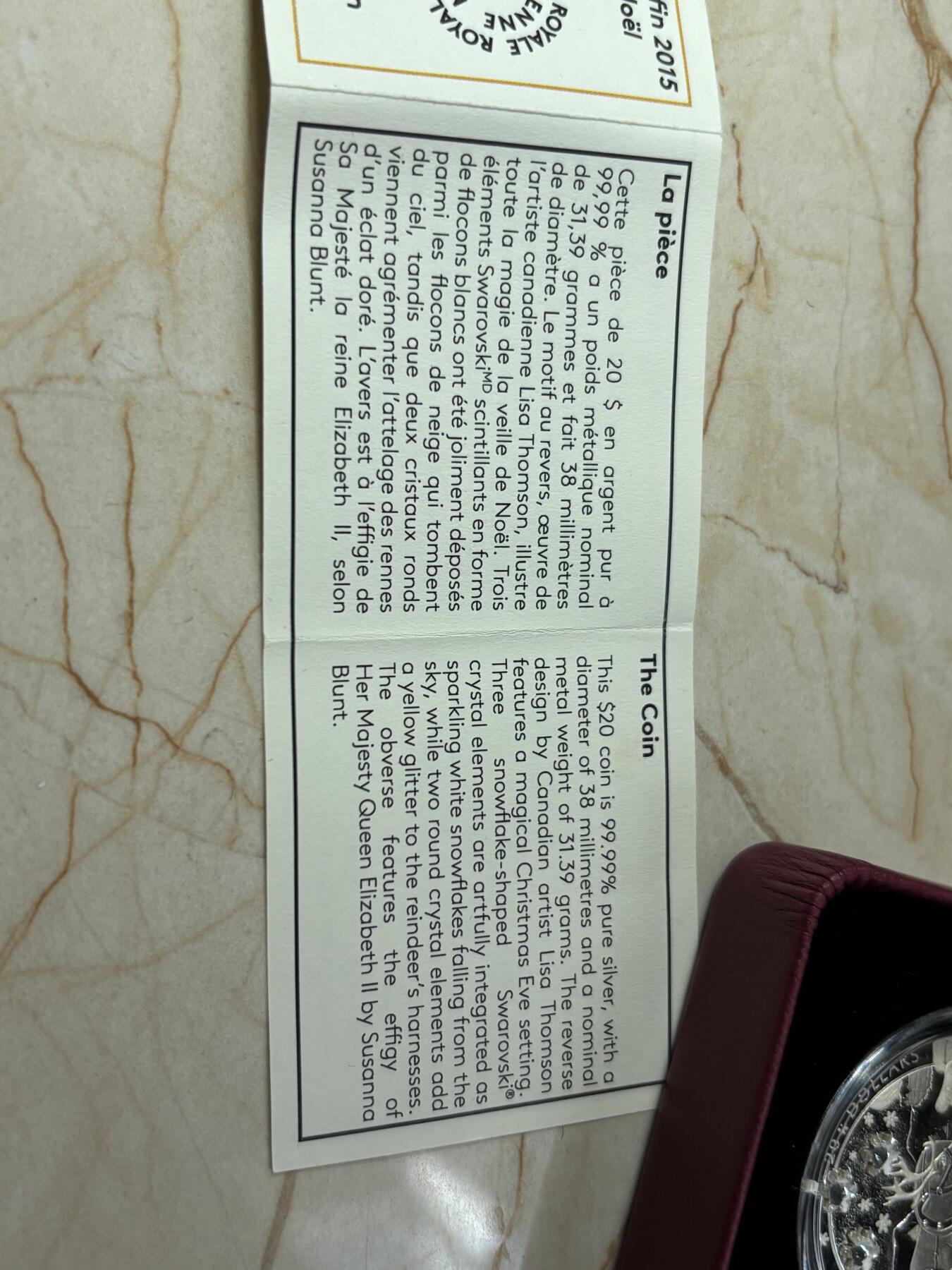 第188期拍卖 加拿大2015年圣诞节系列麋鹿镶嵌黄水晶银币,9999银，1盎司，发行量7500枚