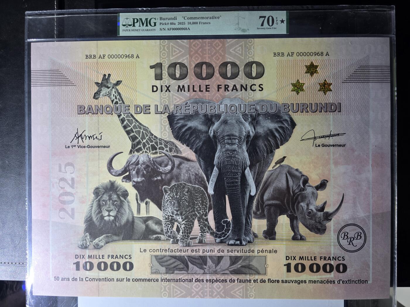 叁拾收藏第34期 布隆迪10000法郎  纪念钞 世界最大纸币  共发行1000张之968号  PMG70