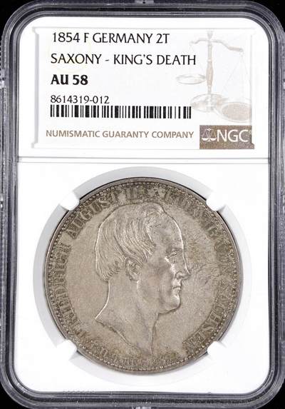 【雨安】【直播拍卖】【第0124期-评级币章】2026-01-17 周六 19:30 - [评级德国] Germany 德国 德意志 萨克森 2泰勒 1854年 奥古斯特二世逝世.双神  NGC-AU58