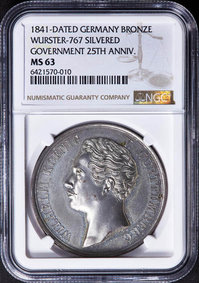 【俄甄集藏】“万象更新、马呈祥瑞”迎新春俄甄精品场-2026年(047)01-21 星期三 晚 19:30 全场包邮 - 德国符腾堡1841年纪念国王威廉一世继位政府成立25周年镀银大铜章，NGC MS63，高浮雕，名家布兰特制作，少见品种