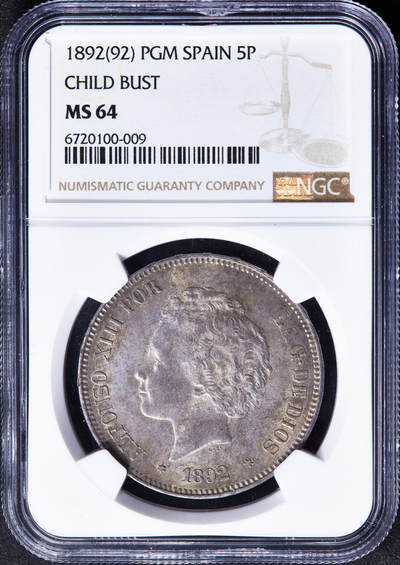 【俄甄集藏】“万象更新、马呈祥瑞”迎新春俄甄精品场-2026年(047)01-21 星期三 晚 19:30 全场包邮 - 西班牙1892年阿方索十三世小孩儿哥大波浪头型PGM版5比塞塔大银币，NGC MS64，顶级黄油环彩包浆，转光品相，少见高分，状态难得，季军