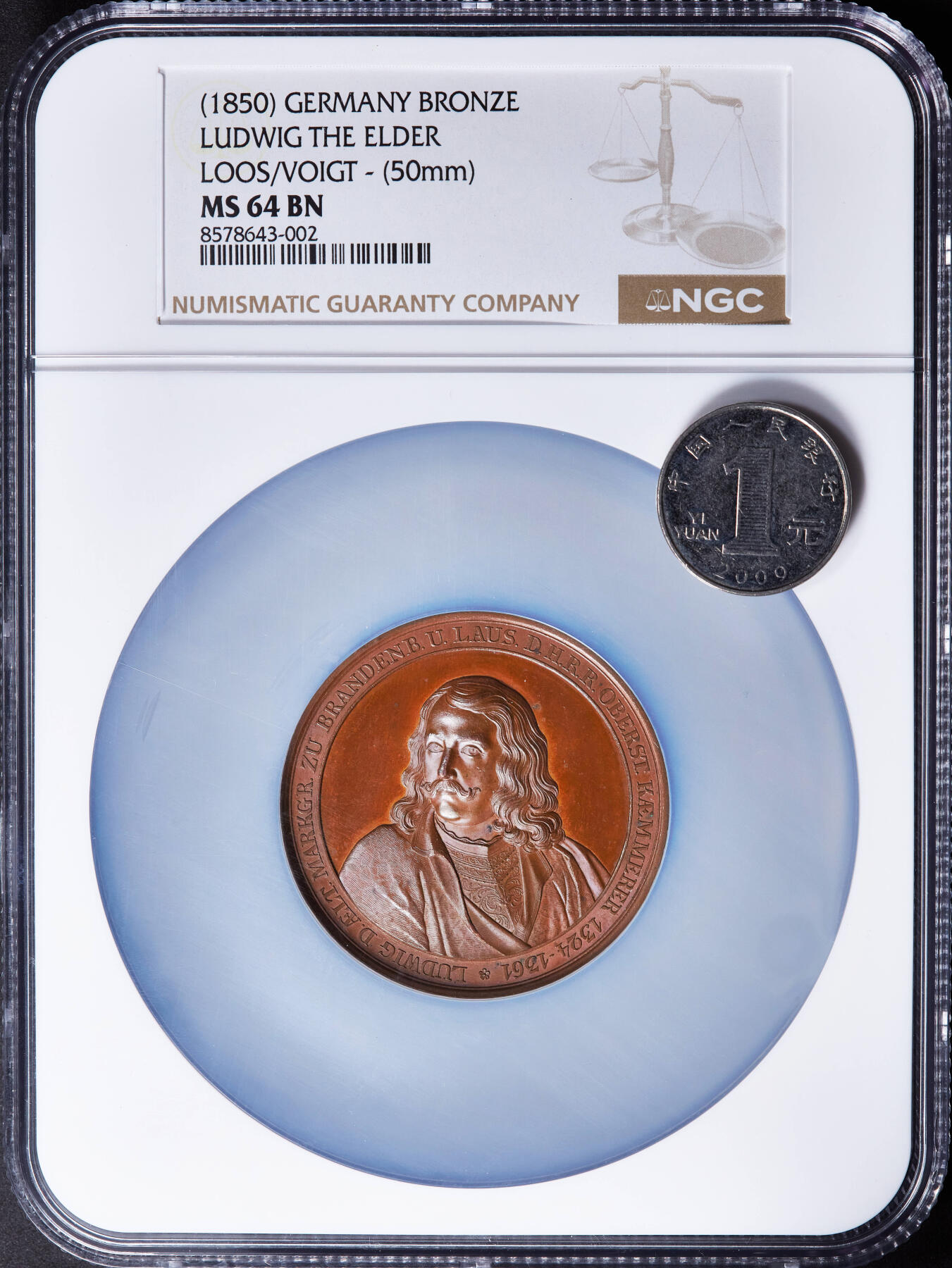 【俄甄集藏】“万象更新、马呈祥瑞”迎新春俄甄精品场-2026年(047)01-21 星期三 晚 19:30 全场包邮 德国1850年历史人物系列-勃兰登堡-拜罗伊姆边区伯爵路德维希·勃兰登堡大铜章，NGC MS64，高浮雕，巧克力包浆，顶级状态，名家Loos作品，类精制底板