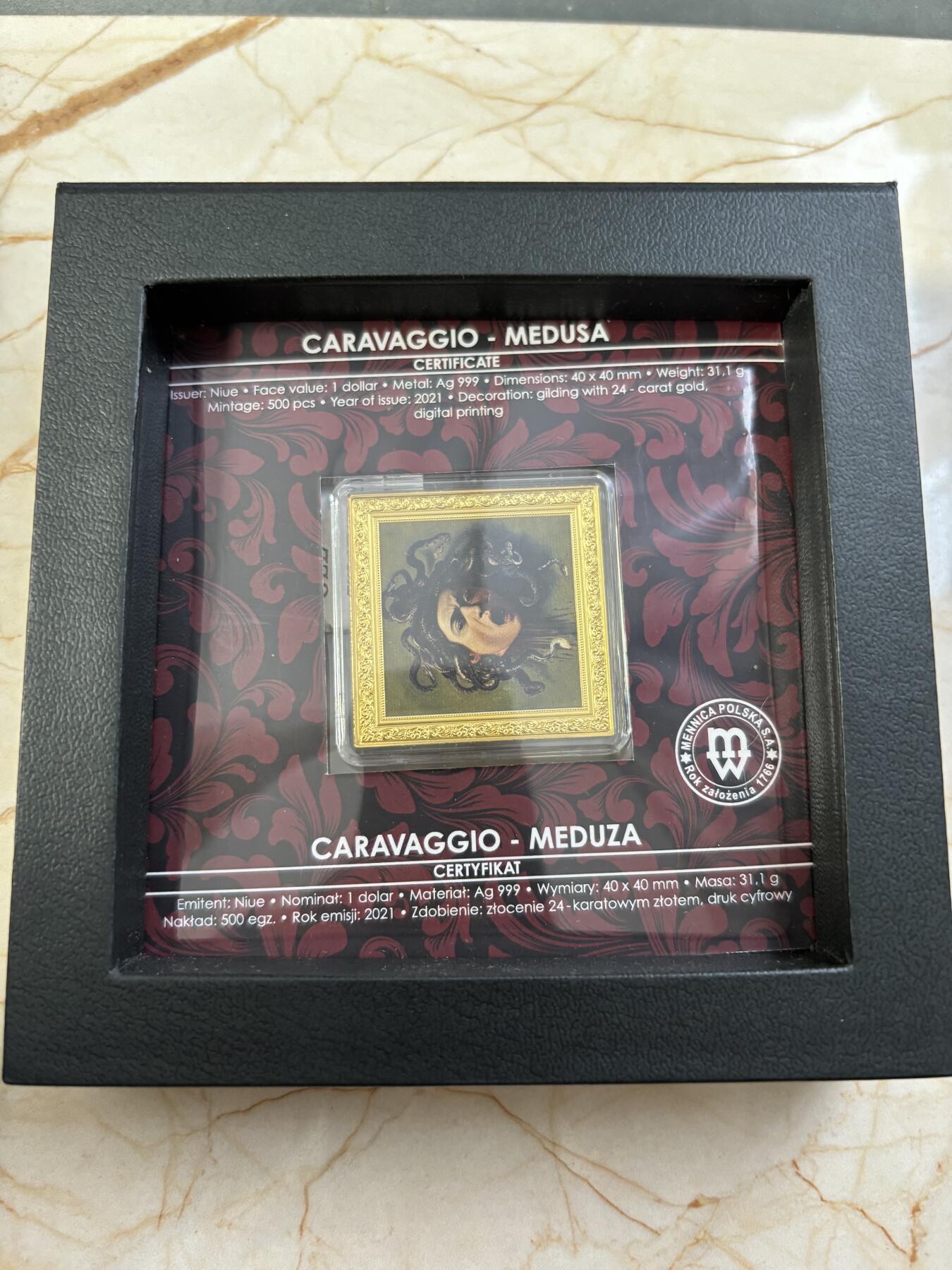 第188期拍卖 纽埃2021年卡拉瓦乔 名画系列《美杜莎》方形银币，1盎司999银，发行555枚