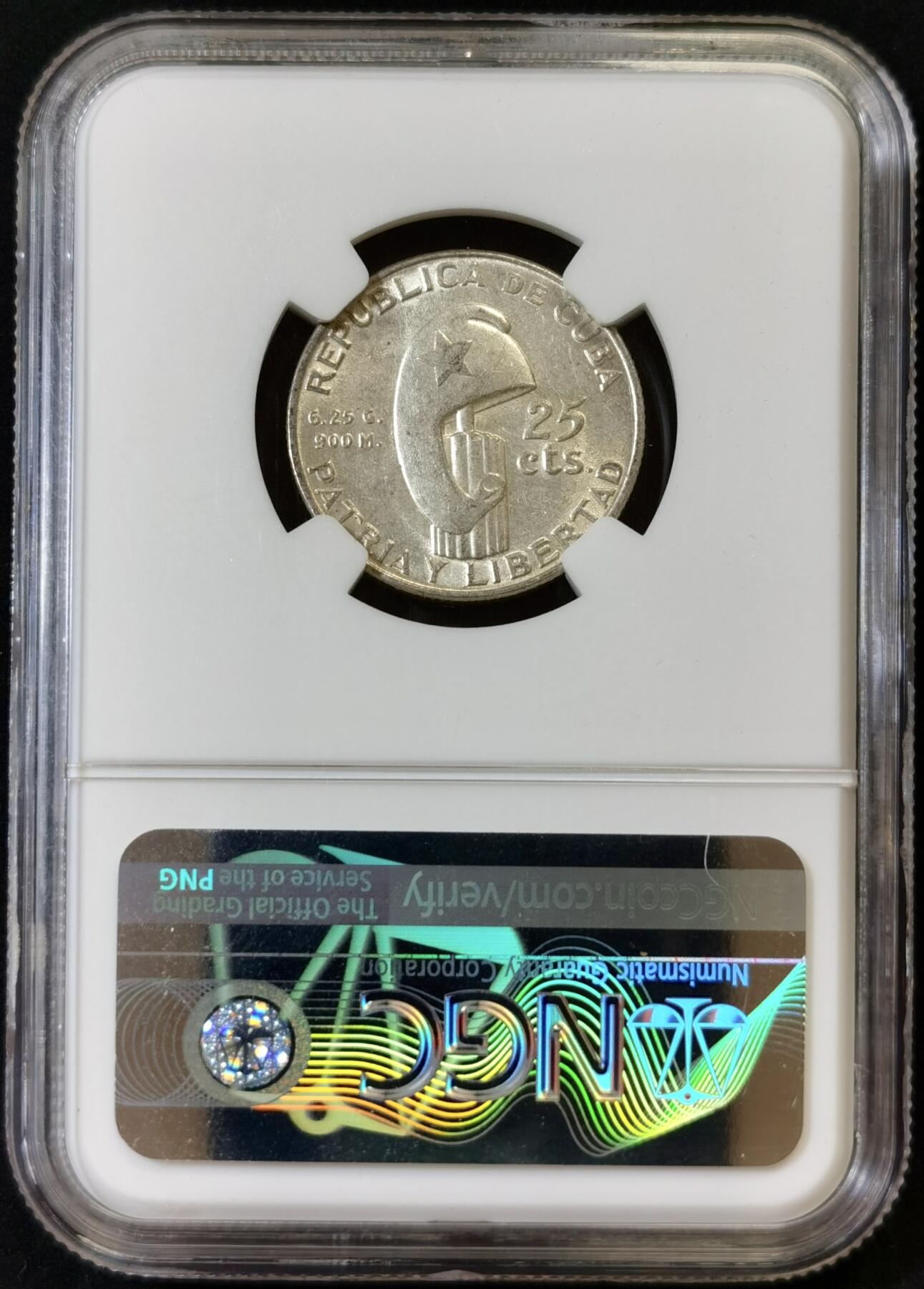 甄臻铺-世界币章拍卖（第48期）精品场拍品征集中，送拍享返佣金等优惠多多 NGC-MS62 1953年古巴何塞马蒂100周年纪念银币，面值25分，少见品种