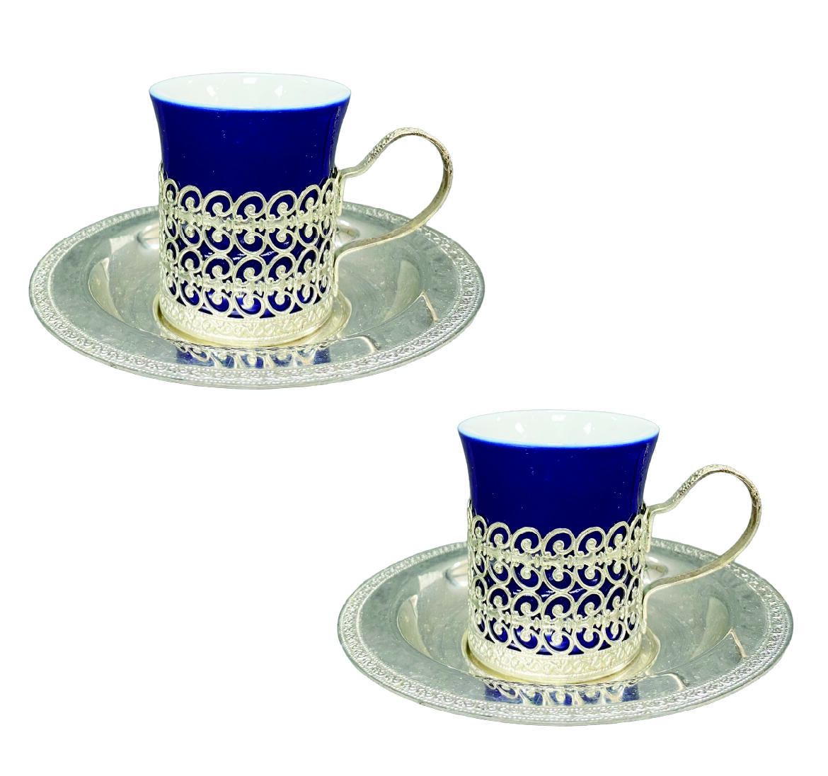 上海拍卖行2025年秋季古董珍玩拍卖会 欧洲镀银雕花蕾丝镂空蓝釉咖啡杯、碟