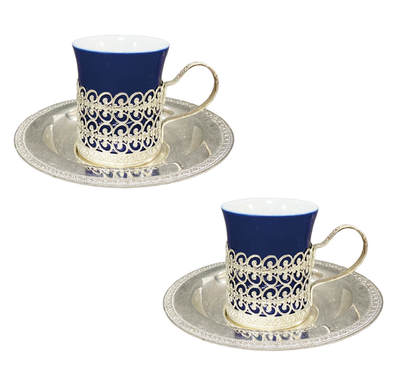 上海拍卖行2025年秋季古董珍玩拍卖会 - 欧洲镀银雕花蕾丝镂空蓝釉咖啡杯、碟