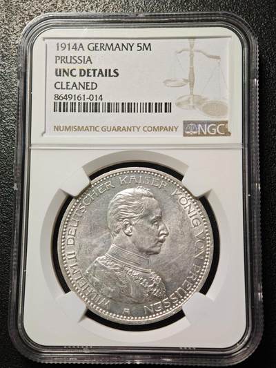 【德藏】世界币章拍卖第162期（拍品征集中~欢迎藏友联系） - 1914年 德国普鲁士威廉二世军装5马克大银币 NGC UNC