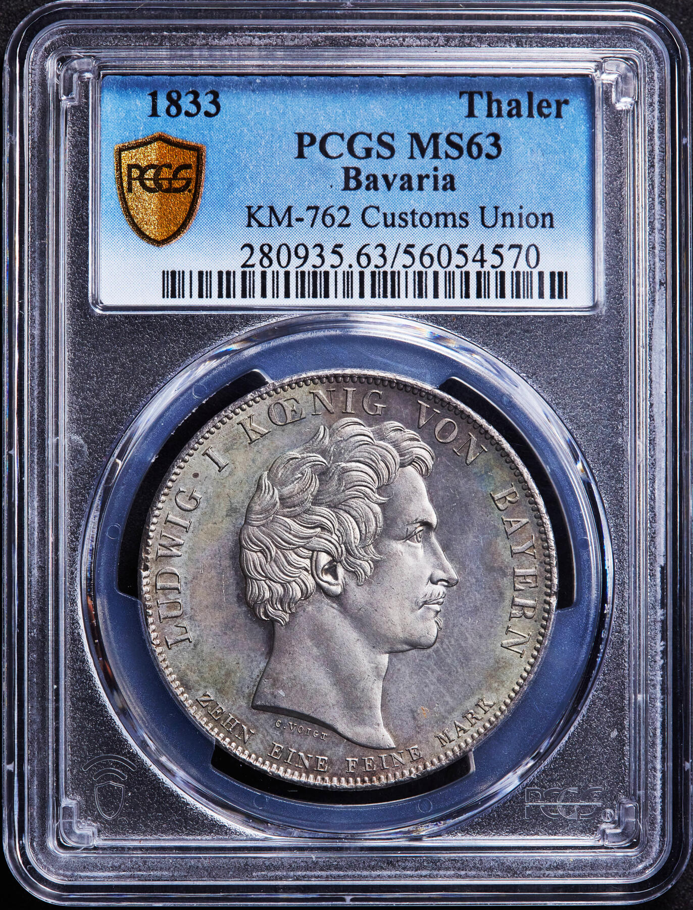 【俄甄集藏】“万象更新、马呈祥瑞”迎新春俄甄精品场-2026年(047)01-21 星期三 晚 19:30 全场包邮 德国巴伐利亚1833年路德维希一世关税同盟1泰勒大银币，PCGS MS63，原味老包浆，底板凝霜，经典品种