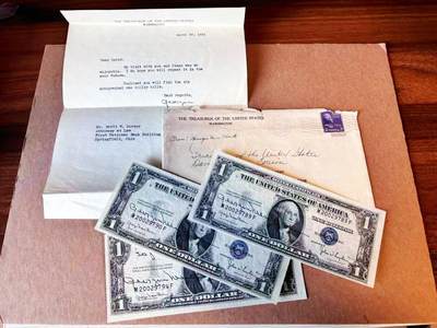 【Blue Auction】世界纸币精拍第776期——18级TOP拍卖/信誉/品质/专业/高效💫 - 位于华盛顿美国财政部原装信封及信纸 信件写于1951年 该信是美国历史上首位女性司库长克拉克——Georgia Neese Clark（1898-1995）寄给财政部长的一个表亲的 信内信息显示 最初信封内是含克拉克六张亲笔签名的美国1935D 1美金银币券纸币 现存3枚（亲笔签名和纸币上司库长同一人非常有意义）