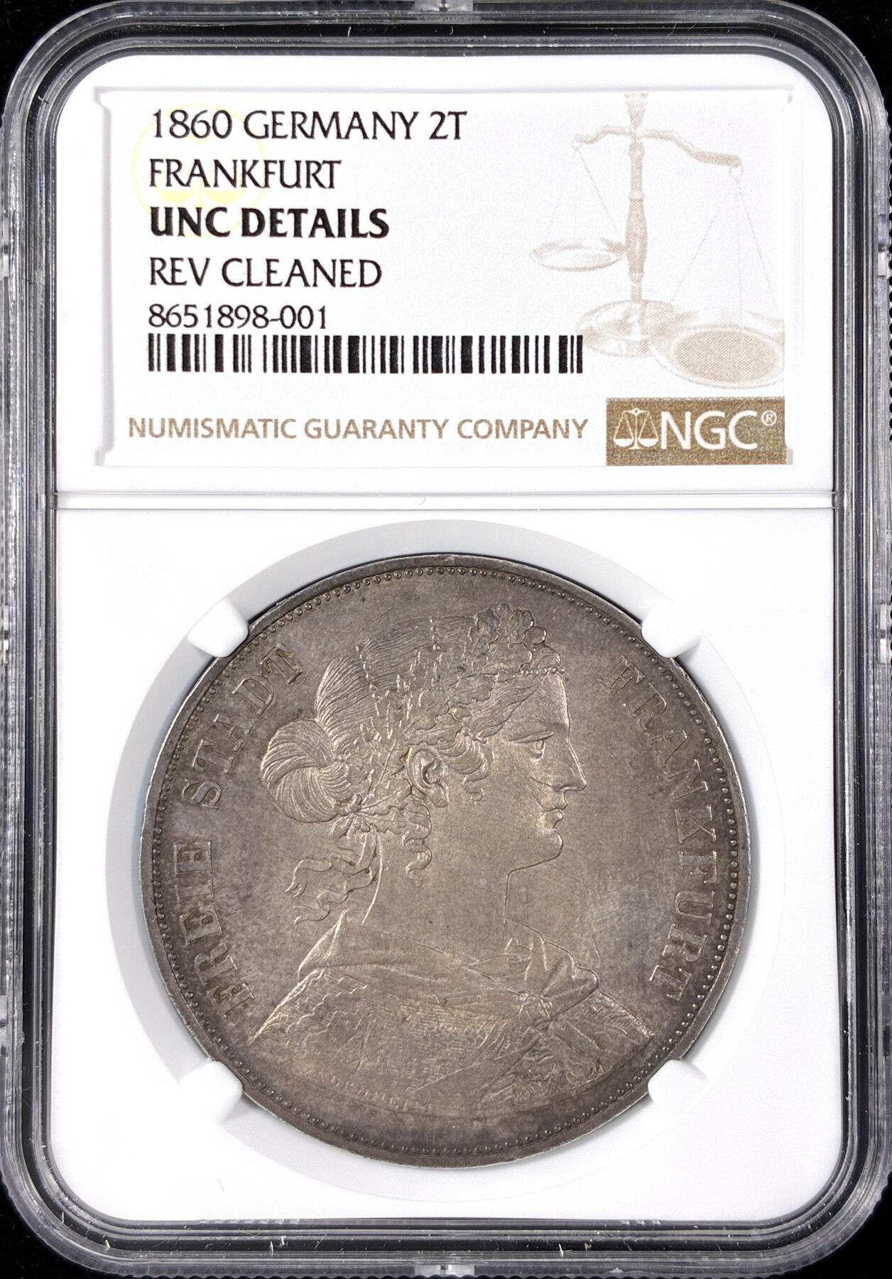 【雨安】【直播拍卖】【第0124期-评级币章】2026-01-17 周六 19:30 [评级德国] Germany 德国 德意志 2泰勒 Frankfurt法兰克福 Thun.145 KM#0365 (1860-1866) 法兰克福少女 1860年  NGC-UNC 首年版