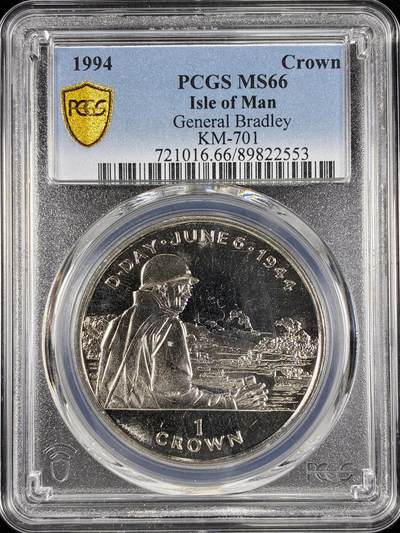 【雨安】【直播拍卖】【第0124期-评级币章】2026-01-17 周六 19:30 - [评级现代] Isle of Man 马恩岛 1克朗 1994年 布拉德利将军  PCGS-MS66