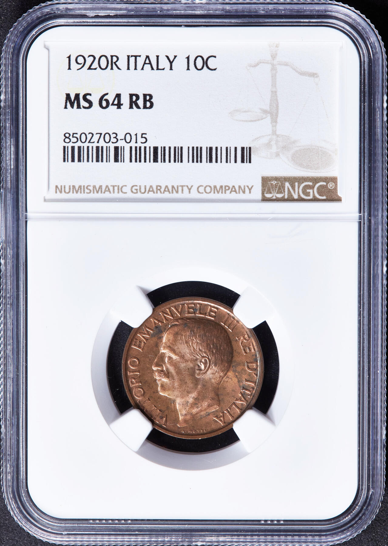 【俄甄集藏】“万象更新、马呈祥瑞”迎新春俄甄精品场-2026年(047)01-21 星期三 晚 19:30 全场包邮 意大利1920年R版伊曼纽尔三世蜜蜂10分铜币，NGC MS64RB，原铜色，转光品相，钱币史上十分经典的设计，热门品种