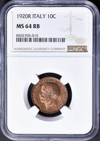【俄甄集藏】“万象更新、马呈祥瑞”迎新春俄甄精品场-2026年(047)01-21 星期三 晚 19:30 全场包邮 - 意大利1920年R版伊曼纽尔三世蜜蜂10分铜币，NGC MS64RB，原铜色，转光品相，钱币史上十分经典的设计，热门品种