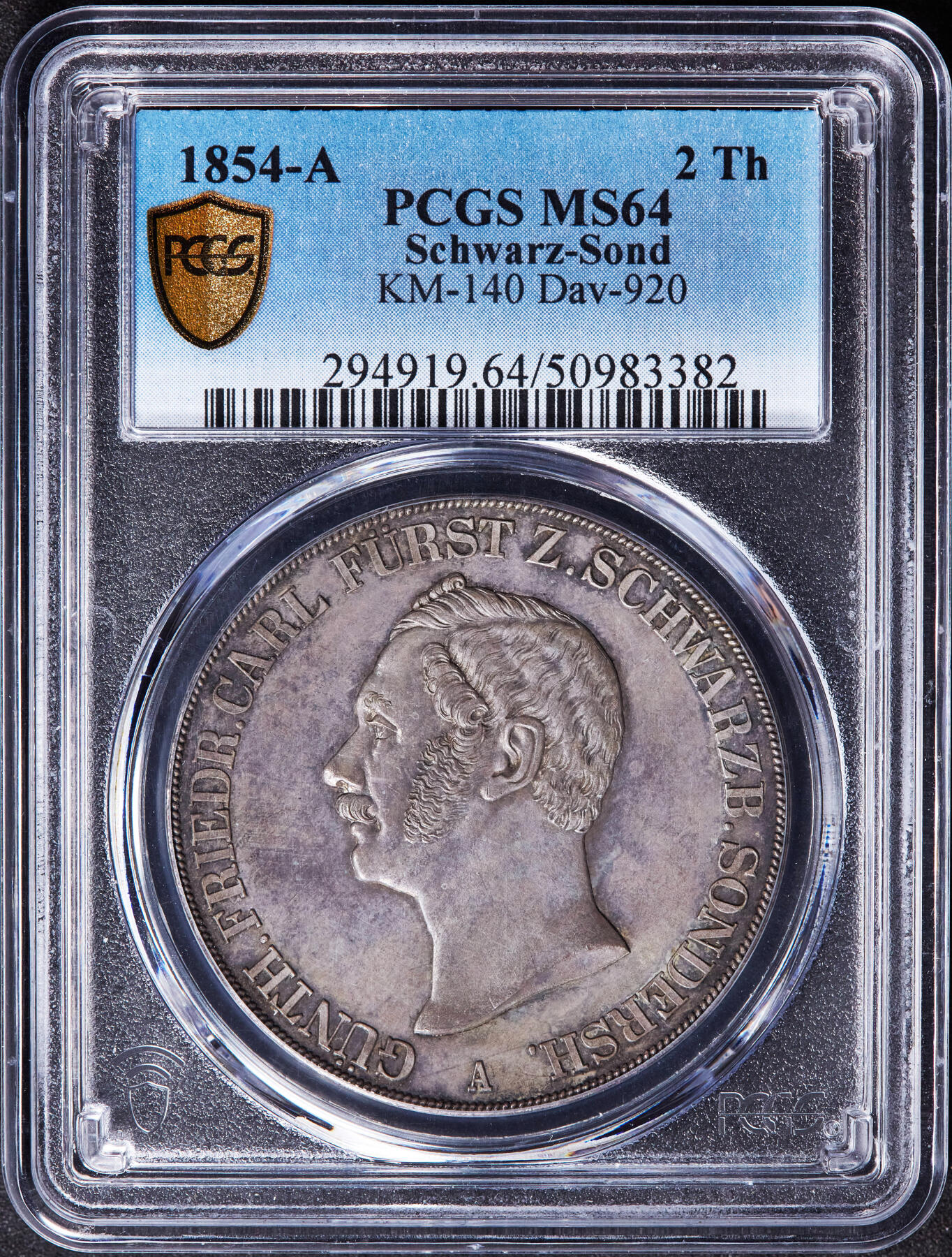 【俄甄集藏】“万象更新、马呈祥瑞”迎新春俄甄精品场-2026年(047)01-21 星期三 晚 19:30 全场包邮 德国施瓦茨堡-松德斯豪森公国1854年金特·弗里德里希·卡尔二世亲王A版2泰勒野人盾徽大银币，PCGS MS64，亚军，紫罗兰酱彩老包浆，原光品相，底板凝霜，发行量只有8600枚，大名誉品种