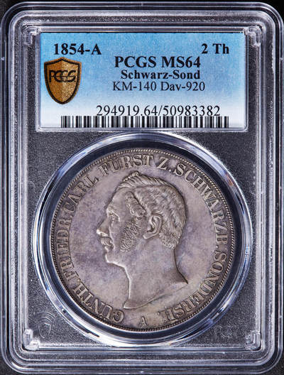 【俄甄集藏】“万象更新、马呈祥瑞”迎新春俄甄精品场-2026年(047)01-21 星期三 晚 19:30 全场包邮 - 德国施瓦茨堡-松德斯豪森公国1854年金特·弗里德里希·卡尔二世亲王A版2泰勒野人盾徽大银币，PCGS MS64，亚军，紫罗兰酱彩老包浆，原光品相，底板凝霜，发行量只有8600枚，大名誉品种