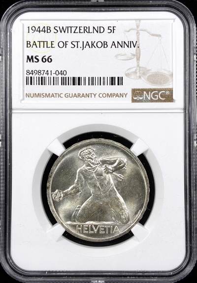 【雨安】【直播拍卖】【第0124期-评级币章】2026-01-17 周六 19:30 - [评级欧洲] Switzerland 瑞士 5法郎 1944年 圣雅各布比尔斯战役 KM# 45  NGC-MS66