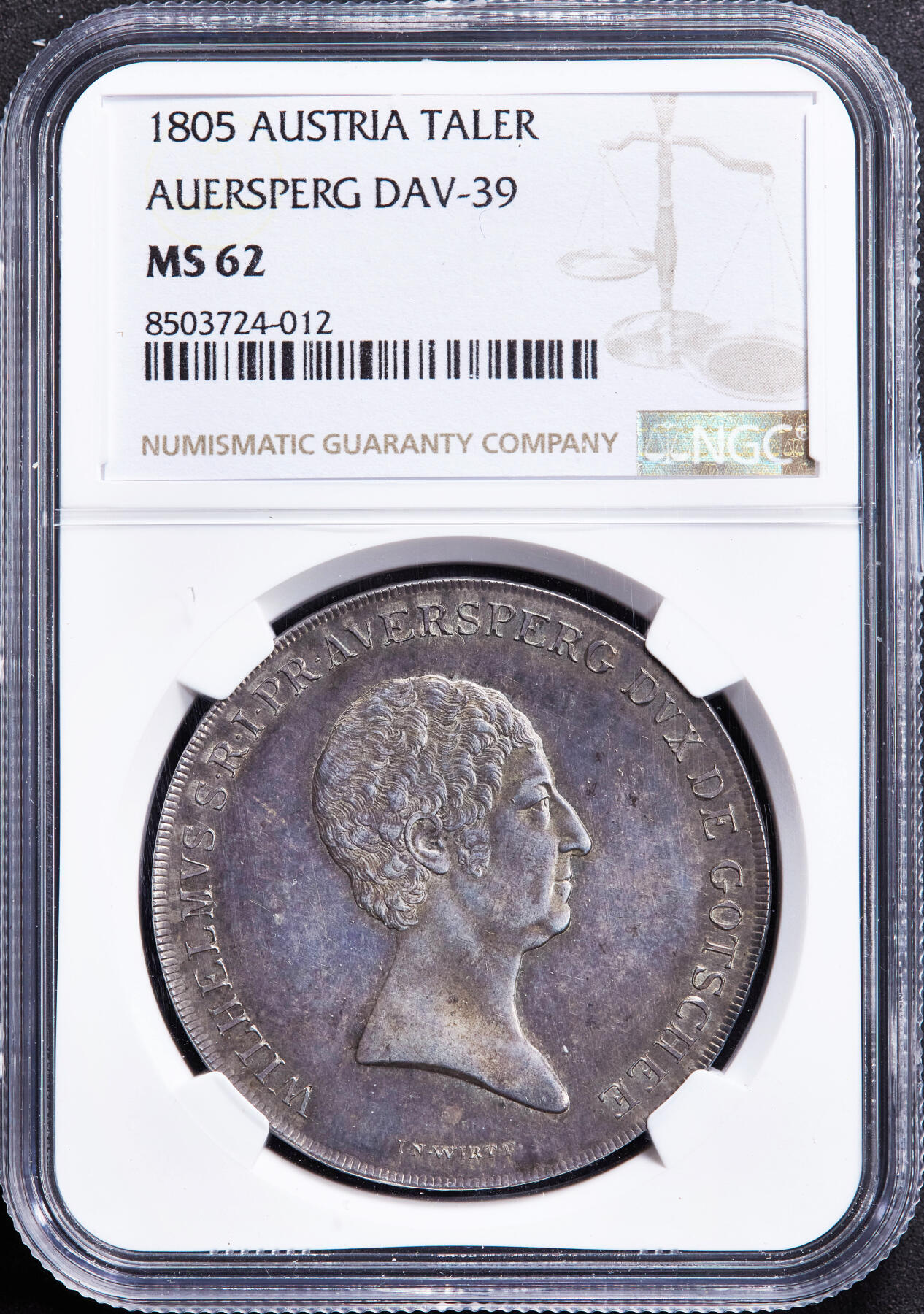 【俄甄集藏】“万象更新、马呈祥瑞”迎新春俄甄精品场-2026年(047)01-21 星期三 晚 19:30 全场包邮 神圣罗马帝国-奥地利1805年威廉一世·冯·奥尔斯佩格伯爵家族纹章1泰勒纪念大银币，NGC MS62，独年版，紫罗兰酱彩老包浆，底板凝霜，稀有品种，季军